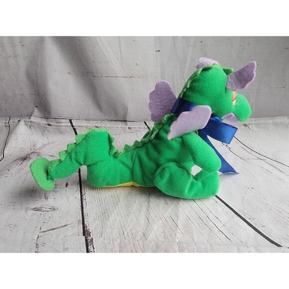 Plush Dragon Stuffed Animal Toy Vintage Green Plushie Small One Sheild Ribbon - Picture 5 of 8